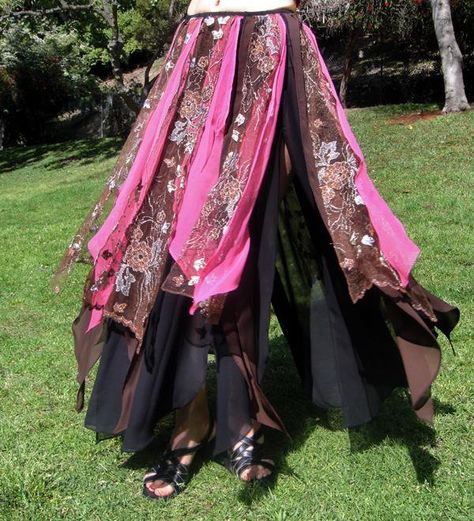 New skirt, designed by me. Handcrafted. One of a kind skirt with embroidered petals. Yes, brown petals have sparkling thread embroidery and rhinestone Fairy Skirts, Rag Skirt, Belly Dance Skirt, Handkerchief Skirt, Festival Ideas, Chiffon Maxi Skirt, Evening Skirts, Sheer Skirt, Dance Skirt