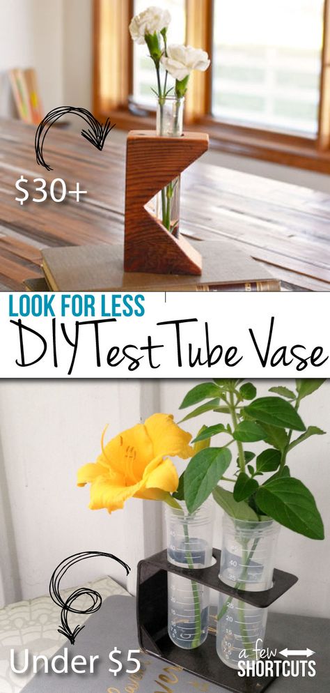 Get the look for less! DIY Test Tube Vase for under $5 compared to $30 online! Decorate your house on a budget! Diy Propagation, Test Tube Crafts, Tube Crafts, Test Tube Holder, House On A Budget, Test Tube Vase, Wood Scraps, Wood Vase, Homemade Christmas Gifts