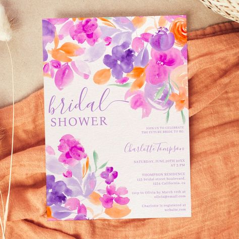 Bold Wedding Invitations romantic pastel purple orange floral bridal shower invitation bridal shower elegant typography bride to be floral illustration spring summer bridal shower romantic wild flowers pattern boho chic bohemian greenery bridal bold floral watercolor orange purple lavender flowers elegant garden party theme Shower Romantic, Elegant Garden Party, Bridal Shower Elegant, Bold Wedding Invitations, Watercolor Orange, Garden Party Theme, Summer Bridal Showers, Dream Wedding Decorations, Wedding Invitations Romantic