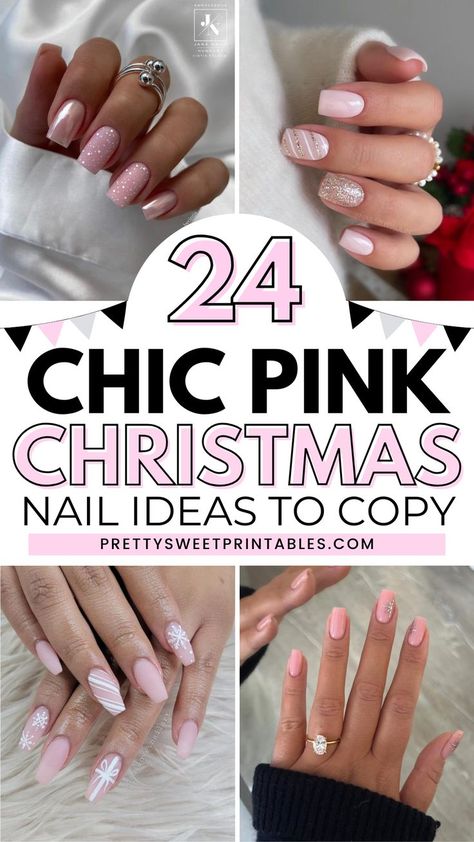 pink Christmas nails designs ideas nail art Pink And Gold Sns Nails, Red And Pink Christmas Nails Ideas, Holiday Nails Pink And White, Pink Snowflake Nail Design, Pink Christmas Pedicure, Light Pink Nail Designs Simple, Light Pink And White Nail Designs, Pink Nail Designs Christmas, Light Pink And Gold Nail Designs