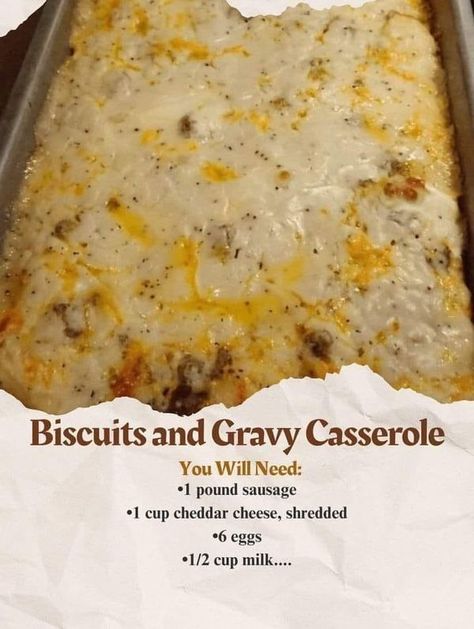 Jamie Oliver Family | Biscuits and Gravy Casserole | Facebook Biscuits Gravy Casserole, Ground Breakfast Sausage, Biscuit And Gravy, Casserole With Sausage, Easy Breakfast Dishes, Gravy Casserole, Pork Gravy, Biscuits Gravy, Biscuits And Gravy Casserole