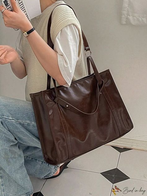 Bird in Bag - Shoulder Tote Bag Brown Leather Bag Outfit, Black School Bags, Uni Bag, Purse Outfit, Brown Tote Bag, Downtown Outfits, Estilo Preppy, Brown Leather Totes, Brown Shoulder Bag