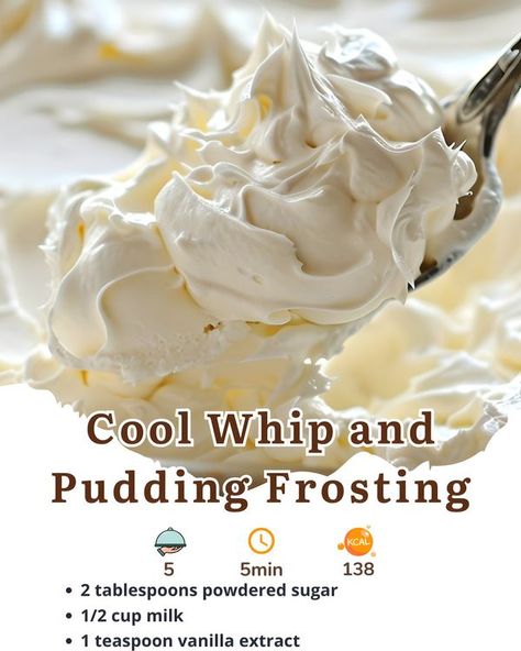 Alldelishes II Cool Whip And Pudding, Pudding Icing, Pudding Frosting, Cool Whip Frosting, Cake Filling Recipes, Frosting Recipes Easy, Cake Filling, Fluff Desserts, Icing Frosting