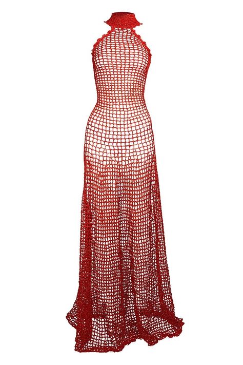 RED HALTERNECK CROCHET MAXI DRESS | Compte Spain | CULT MIA Crochet Long Dresses Pattern, Red Dress Crochet, Crochet Red Dress, Filet Crochet Dress, Crochet Palette, Crochet Net Dress, Crochet Prom Dress, Long Dress Crochet, Long Crochet Skirt