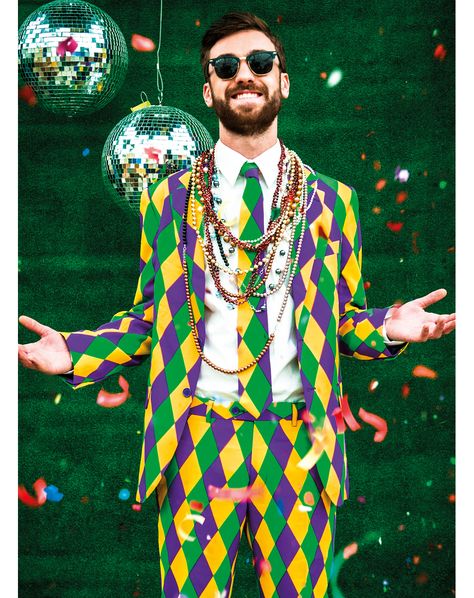 Mardi Gras Mens Party Suit at www.SpiritHalloween.com - Collecting beads is overrated, instead show your passion for Mardi Gras in the Mardi Gras Men's Party Suit! Whether you make the trek to New Orleans or you're just hosting a really awesome party this slim fit style suit and tie combo is always a crowd pleaser. Get yours for $99.99 Mardi Gras Attire, Fat Tuesday Party, Mardi Gra, Mardi Gras Outfits, Mardi Gras Costumes, Mardi Gras Party, Party Suits, Fat Tuesday, Star Wars Baby