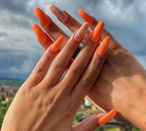 Nails In Orange, Nail Colors Orange, Summer Nails Orange, Blue Stiletto Nails, Nails Orange, Uk Nails, Neon Nail Polish, Nail Tip Designs, Watermelon Nails