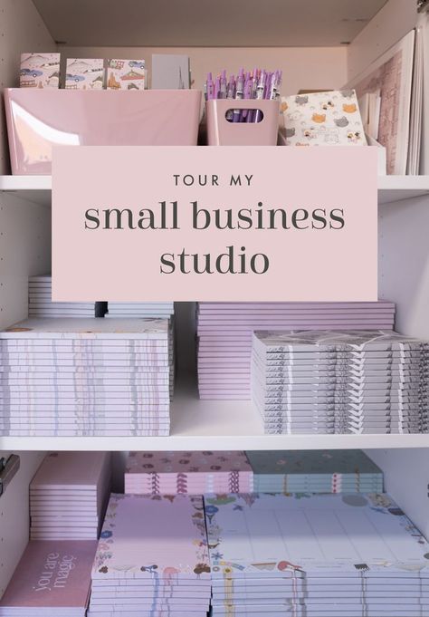 Shelves with notepads and stationery, all organised. Small Business Studio, Business Office Ideas, Home Business Organization, Small Business Office, Business Storage, Small Business Organization, Packaging Ideas Business, Small Business Packaging Ideas, Small Business Plan