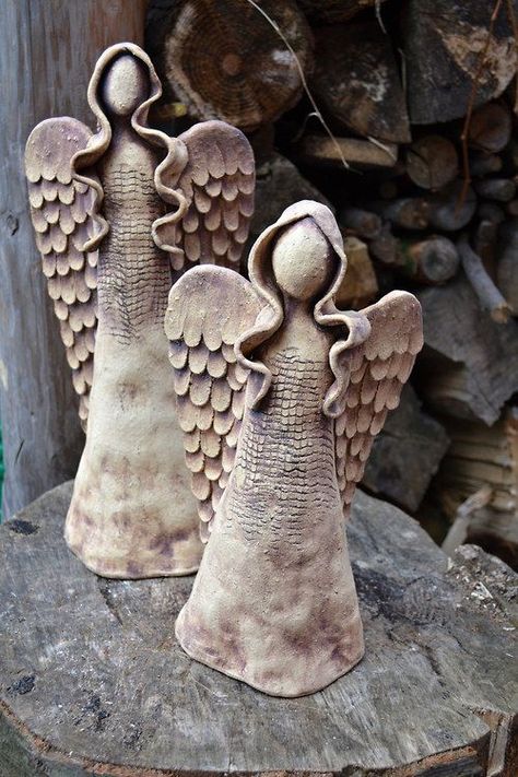 Pottery Learning, Clay Angel, Pottery Angels, Clay Christmas Decorations, Ceramic Angels, Tanah Liat, Christmas Clay, Keramik Design, Slab Pottery