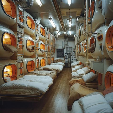 Step into the future with the minimalist embrace of a Japanese capsule hotel. Each pod, a cocoon of tranquility in the bustling heart of the city, offers a unique blend of privacy and comfort. It's where modernity meets simplicity, creating a haven for the weary traveler. #CapsuleComfort #MinimalistTravel #UrbanRetreat #FuturisticStay #JapaneseInnovation #Midjourney #GenerativeArt #DigitalArtists #AIArtwork #AI #AIhyperrealistic Japanese Capsule Hotel, Japan Capsule Hotel, Pod Hotel, Weary Traveler, Pod Hotels, Location Design, Capsule Hotel, Futuristic Home, Retro Future