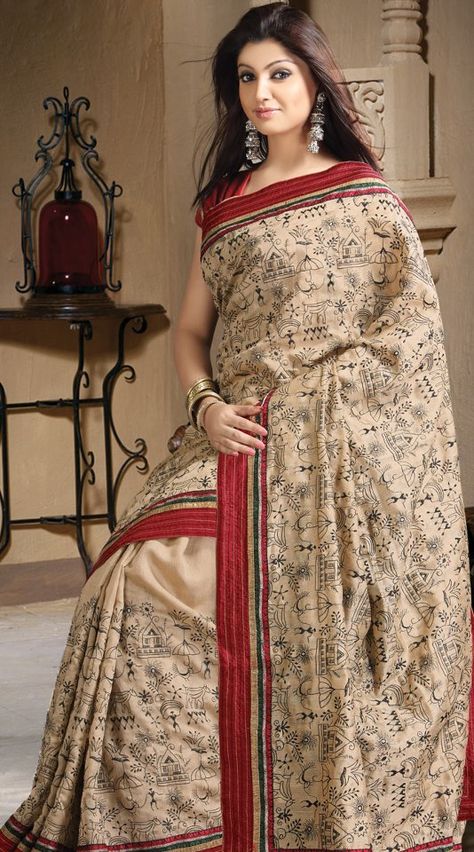 .Warli painting Warli Art, Kantha Sarees, Resham Work, Embroidered Saree, Ethnic Sarees, Wedding Saree Indian, Border Embroidery, Art Silk Sarees, Saree Trends