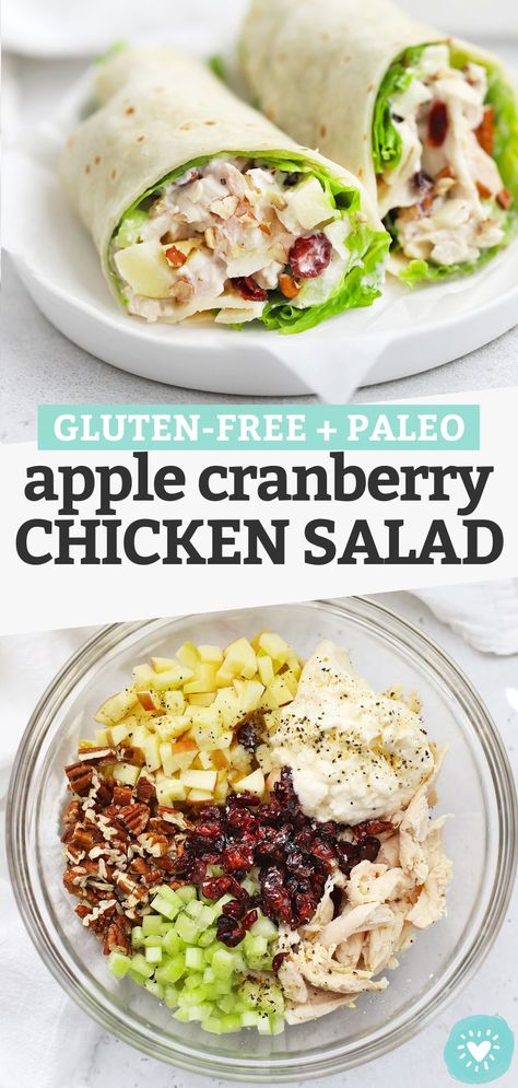 Apple Chicken Salad - This chicken salad with apples is perfect for the start of fall! It's the perfect combination of savory, sweet, creamy, and crunchy. Don't miss all our serving ideas below! (Gluten-Free, Paleo-Friendly) // Apple Chicken Salad // Pecan Chicken Salad // Cranberry Pecan Chicken Salad // Fall Chicken Salad #glutenfree #paleo #chickensalad #mealprep Apple Cranberry Chicken, Cranberry Chicken Salad, Delicious Meal Prep, Cranberry Chicken, Prep Lunch, Gluten Free Lunch, Gluten Free Recipes For Dinner, Prepped Lunches, Gum Care