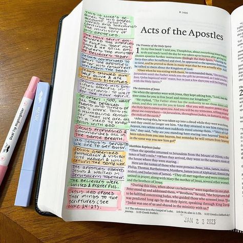 Bible Personalization Ideas, Acts 1 Bible Journaling, Acts Bible Journaling, Bible Highlighting System, Acts Bible Study, Highlighted Bible, Wide Margin Bible, Highlighters Pastel, Filament Bible