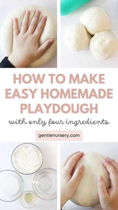 This homemade playdough recipe is an easy and affordable way to make your own homemade playdough — with just four simple ingredients! Head to the blog for the full recipe. | homemade playdough recipe no cook, easy homemade playdough, homemade playdough recipe edibe, playdough recipe no cook, homemade play doh Homemade Taste Safe Playdough, Homemade Edible Playdough Recipe, Homage Play Dough, Homemade Playdough Recipe Edible, How To Make Homemade Play-doh, Non Cook Playdough Recipe, Dough For Kids To Play With, Organic Playdough Recipe, Natural Playdough Recipe