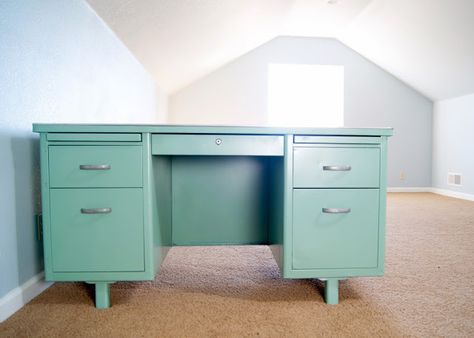 after of steel tanker desk - Krylon Jade Vintage Desk Makeover, Vintage Steel Desk, Metal Desk Makeover, Desk Makeover Diy, Tanker Desk, Vintage Metal Desk, Steel Desk, Metal Desk, Conference Tables