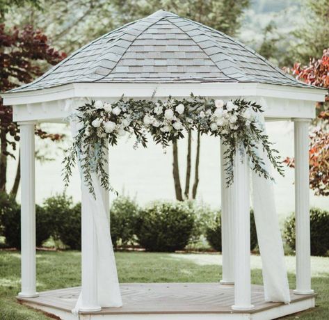 Gazebo Ideas Wedding Outdoor, White Gazebo Wedding Flowers, Gazebo Decorating Ideas For Wedding, Gazebo Garden Wedding, Gazebo Floral Arrangements, Decorate A Gazebo For A Wedding, Gazebo Wedding Ceremony Decorations, Gazebo Wedding Decorations Simple, Decorating A Gazebo For A Wedding