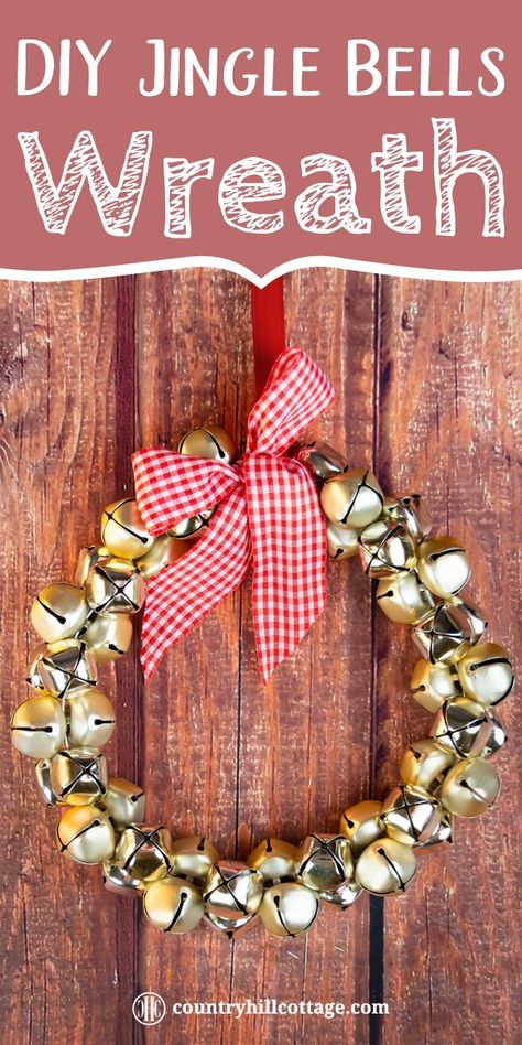 Show off your festive spirit and learn to make an easy and quick jingle bell wreath.  This pretty DIY Christmas wreath adds festive touches to your front door, mantle or party décor! You only need a handful of bells, a piece of sturdy wire, ribbon and not more than five minutes to create this beautiful homemade craft holiday wreath. You can use the jingle bells wreath as Christmas door decoration or wall ornament. #wreath #ChristmasWreath #HolidayWreath #Christmas | countryhillcottage.com Bell Wreath Diy, Wreath Bells, Jingle Bell Wreath, Christmas Yarn Wreaths, White Christmas Snowflakes, Bell Wreath, Crochet Christmas Wreath, Diy Christmas Wreath, Christmas Door Decoration