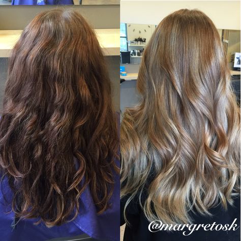 Before And After coloring. From dark brown to a softer more natural lighter color. #blonde #hair Hair Dye Dark Brown, Dark Brown To Light Brown, Dark To Light Hair, Hair Change, How To Lighten Hair, Dark Blonde Hair, Light Hair Color, Brown Blonde Hair, Brunette To Blonde