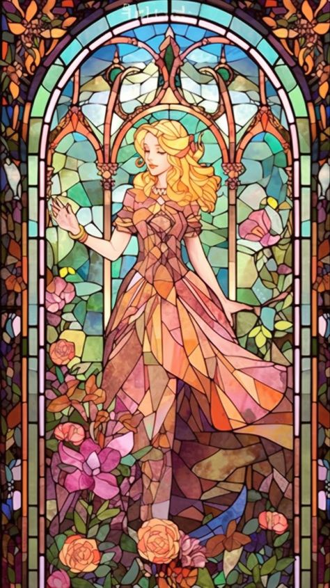 Aesthetic Stained Glass Art, Stained Glass Princess, Stain Glass Drawing, Stained Glass Digital Art, Stained Glass Art Patterns, Stained Glass Drawing, Fantasy Window, Fairy Tale Aesthetic, Stain Glass Art