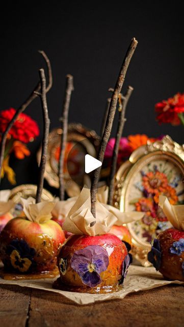 Must Love Herbs - Lauren May on Instagram: "Fairy Apples 🧚🏻🍏✨Toffee covered “Autumn Crisp” apples! The toffee has delicately sweet calendula and blue cornflower petals mixed in and topped off with pressed pansies! The inspiration for these apples can be seen in the background - the beautiful pressed flower art by @ironcityroadsidestand - Katelyn is such a sweet soul. She makes the most beautiful art in one of the most lovely studios. I was so excited when she agreed to be one of my small business spotlights for Autumn! The recipe for these lovely apples is: 
6 large apples - I used autumn crisp
2 cups caster sugar
2/3 cup apple juice
7 tbs maple syrup
1 tsp apple cider vinegar
Edible dried flower petals. I used calendula and blue cornflowers. You could also use rose, pea flower blossoms Pressed Pansies, Love Herbs, Dried Flower Petals, Blue Cornflower, Halloween Fonts, Pea Flower, Pressed Flower Art, Sweet Soul, Caster Sugar