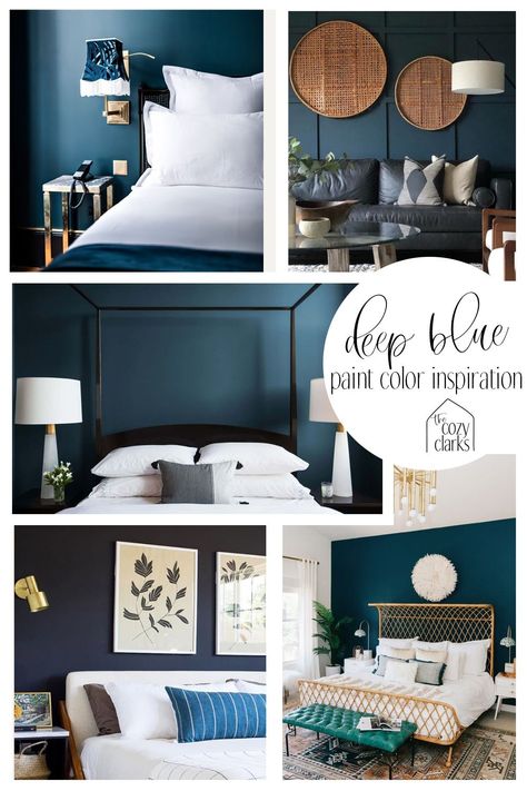 Hague Blue Bedroom Ideas, Navy Bedroom Ideas Gold Accents, Hague Blue Bedroom, Deep Blue Bedroom, Navy Gold Bedroom, Dark Blue Bedroom Walls, Deep Blue Paint, Bedroom Paint Color, Blue And Gold Bedroom