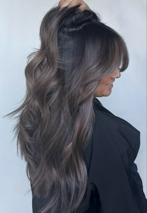 subtle, smokey, mushroom brown, cool toned balayage on dark hair. Mushroom Melt Hair, Dark Brown Hair With Mushroom Balayage, Dark Brown Hair Mushroom Balayage, Mushroom Brown Hair Color On Black Hair, Shroom Brown Balayage, Smoky Topaz Hair, Mushroom Brown Hair Color Balayage Ombre, Dark Balayage Cool Tone, Ashy Brunette Hair Dark