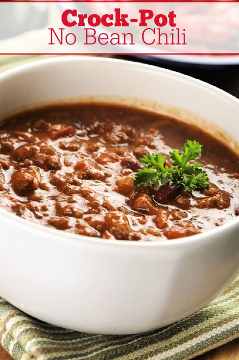 Crock-Pot No Bean Chili - Skip the beans in this EASY 5 ingredient recipe for Crock-Pot No Bean Chili. A frugal meal that hits the spot on a cold autumn or winter day! [Gluten Free, Keto, Low Calorie, Low Carb | Low Fat | Low Sugar & 5 Weight Watchers SmartPoints (Blue, Green & Purple plans)] #CrockPotLadies #CrockPot #SlowCooker #Chili #KetoRecipes #Keto #5IngredientsOrLess #WeightWatchers #FrugalRecipes #KidFriendly White Beans Recipe, White Bean Chili Recipe, Recipe With Ground Beef, Ground Beef Chili, Slow Cooker Chili Recipe, Beef Chili Recipe, White Bean Chili, Bean Chili Recipe, Bean Chili