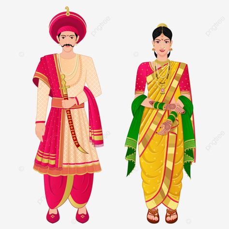 Traditional Wear For Wedding, Marathi Groom, Marathi Couple, Bridal Asia, Bride Fashion Illustration, Bride Clothing, Sangeet Ceremony, Wedding Card Design Indian, Dress Png