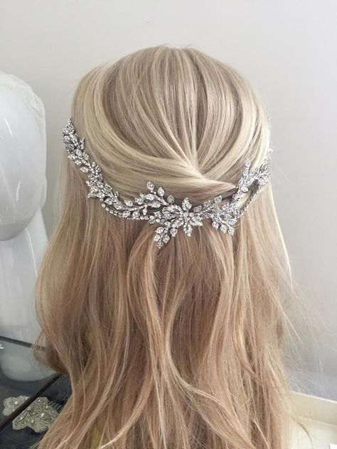 Dramatic and romantic, the Florella crystal wedding hair piece was designed with the glamorous bride in mind. Featuring individually set Swarvoski crystals Wedding Hairstyles And Makeup, Down Wedding Hairstyles, Half Up Half Down Wedding, Diamond Hair, Wedding Hair Piece, Wedding Hairstyles With Veil, Crystal Headpiece, Trendy Wedding Hairstyles, Wedding Hair Inspiration