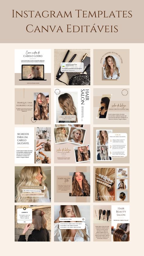 These professional Instagram templates are designed specifically for hair salons, barbers, beauty businesses, and anyone seeking to elevate their social media presence.  Perfect for small business owners, influencers, marketers, and brand builders, these templates will help you create stunning,  cohesive content that conveys elegance and professionalism.  
 



.#CanvaTemplates #SocialMediaDesign #InstagramIdeas #PinterestTemplates #CreativeCanva Hair Brand Instagram Feed, Hairstylist Instagram Templates, Hair Salon Posts Social Media, Hair Salon Advertising Ideas, Beauty Salon Instagram Posts, Hair Salon Instagram Posts, Hair Salon Social Media Posts, Hair Salon Instagram Feed, Hair Salon Instagram Story