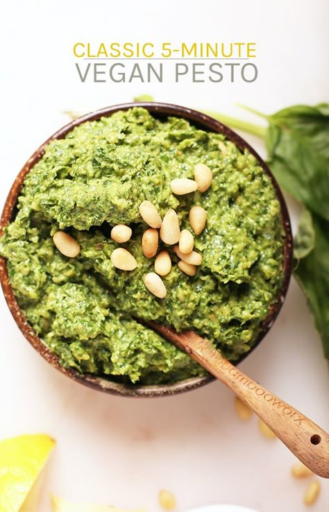 This easy 5-minute vegan pesto is made with basil, garlic, lemon, and nutritional yeast for a pesto that is packed with flavor. Serve it with noodles, on bread, or in a salad for the perfect vegan condiment. #veganpesto #pesto via @mydarlingvegan Thai Basil Pesto, Vegan Pesto Pasta, Pesto Vegan, Clean Eating Vegan, Vegan Pesto, Vegan Sauces, Thai Basil, Homemade Pesto, Vegan Appetizers