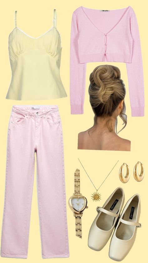 Cute school outfits pt.8 #schoolfit #schoolaesthetic #schooloutfit #outfit #outfitinspo #yellowandpink #zara #balletflats #oufitideas Danish Pastel Outfits, Cute School Outfits, Pastel Outfits, Pastel Outfit, Danish Pastel, Cute Outfits For School, School Fits, School Outfit, School Outfits