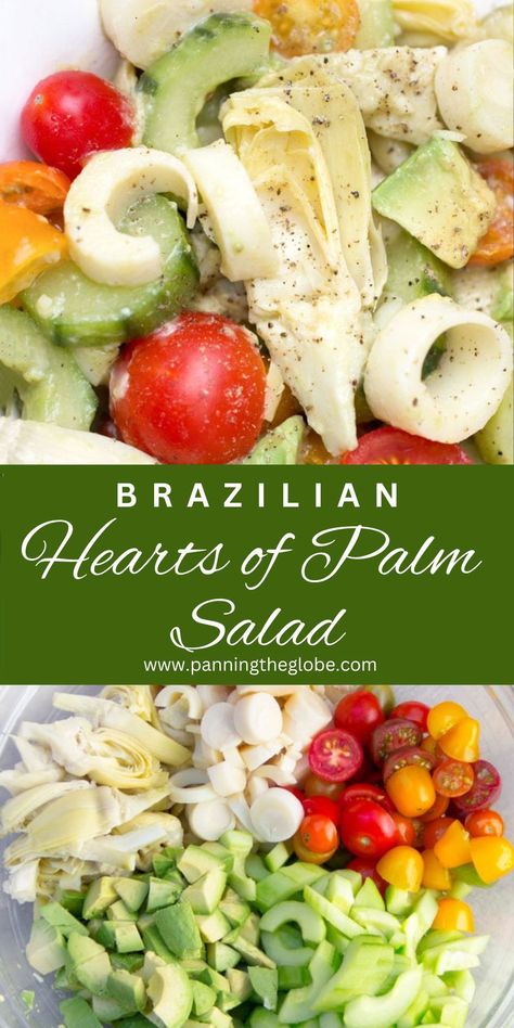 sliced hearts of palm, sliced marinated artichoke hearts, halved cherry tomatoes and chunks of avocado and slices of cucumber in a bowl. Salad With Artichoke Hearts, Salad With Artichokes, Hearts Of Palm Salad, Artichoke Salad, Heart Of Palm, Hearts Of Palm, Simple Salad, Artichoke Recipes, Fun Salads