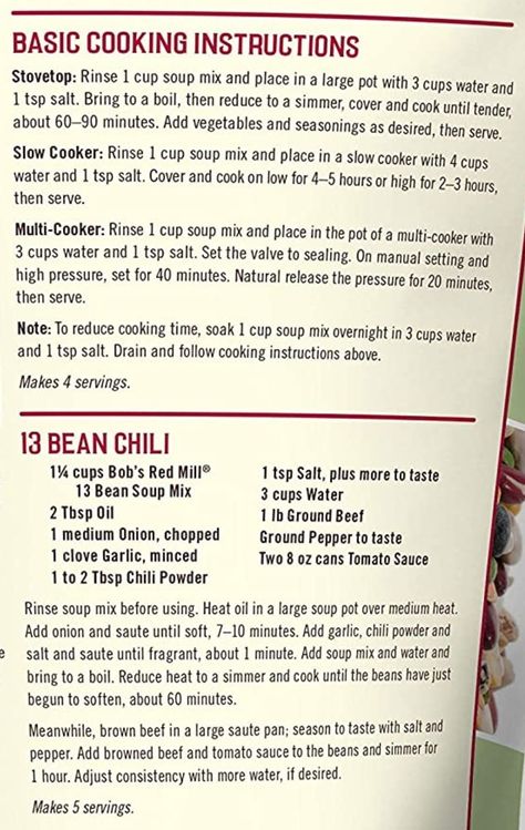 Bobs Red Mill, Soup Mixes, No Bean Chili, Cooking Basics, Cooking Instructions, Large Pots, Looks Yummy, Recipe Box, Chili Recipes