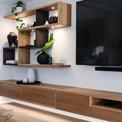 Tv Unit Floating Shelves, Bedroom Wall Mounted Tv, Tv Bedroom Wall, Tv With Shelves, Tv Unit Floating, Tv Unit Wall Mounted, Wall Mounted Tv Ideas Living Rooms, Wall Mounted Tv Bedroom, Mounted Tv Bedroom