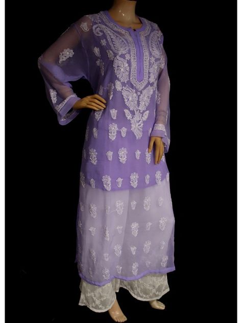 ISHIEQA's Purple Georgette Chikankari Kurti  - MV1704D Purple Chikankari Kurta, Chikankari Kurta With Jeans, Kurta With Jeans Outfit, Short Kurti With Jeans, Kurta With Jeans, Kurti With Jeans, Lucknowi Kurta, Chikankari Kurti, Chikankari Suits