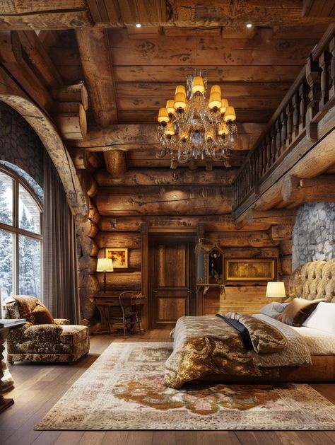 Log Houses Wooden Log House, Log Cabin Interiors, Log Home Living Room, Log Home Bedroom, Amazing Bedrooms, Cabin Houses, Log Home Interior, Cedar House, Western Interior