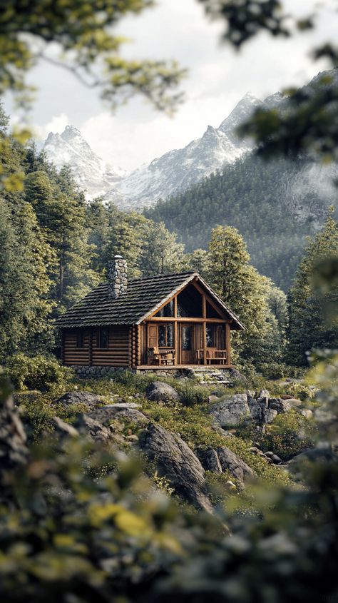 Image: Cabin in the woods with mountain scenery in the background Forest Homes, Different Types Of Houses, Apartment Buildings, Mountain Scenery, Forest View, Cabin In The Woods, Forest House, Mountain House, Cabins In The Woods