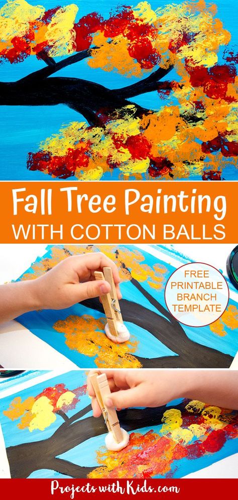 Kids will love creating this fall craft with all of the beautiful colors of autumn! A fun painting techqnique kids will love. Includes a branch template to make it an easy autumn craft for kids of all ages. #projectswithkids #kidspainting #fallcrafts #autumncrafts Painting With Cotton Balls, Branch Template, Fall Tree Painting, Autumn Craft, Fall Arts And Crafts, Colors Of Autumn, Easy Fall Crafts, Fall Tree, Fall Preschool