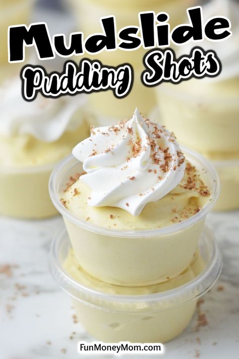 These Mudslide Pudding Shots are a creamy and boozy shot with all the delicious flavor of the classic mudslide cocktail. They’re the perfect treat to bring some extra cheer to your next party. Liquor Pudding Shots, Pudding Shots With Cheesecake Pudding, Vanilla Pudding Shots Recipes, Alcohol Desserts Easy, Pudding Shots In Syringes, Pudding Shots With Vanilla Pudding, New Years Pudding Shots, New Year’s Eve Pudding Shots, Easter Pudding Shots