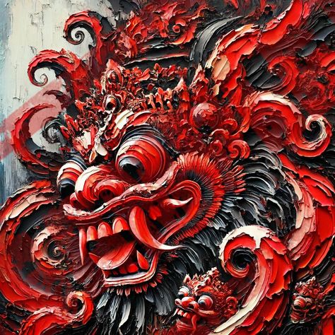 Capture the mystical essence of Bali with this breathtaking abstract painting of Barong, the revered mythical animal. This vibrant artwork showcases the Barong in a swirl of intricate patterns and bold colors, brought to life through the impasto painting technique.  This Bali painting is perfect for adding a touch of exotic elegance to any space, this digital painting is a versatile piece that can be printed on various mediums. Barong, a prominent figure in Balinese mythology, symbolizes the ete Barong Art, Bali Art, Ornamen Bali, Jaranan Dance Art, Rangda Bali Art, Barong Bali, Wayang Golek, Art Resume, Bali Painting