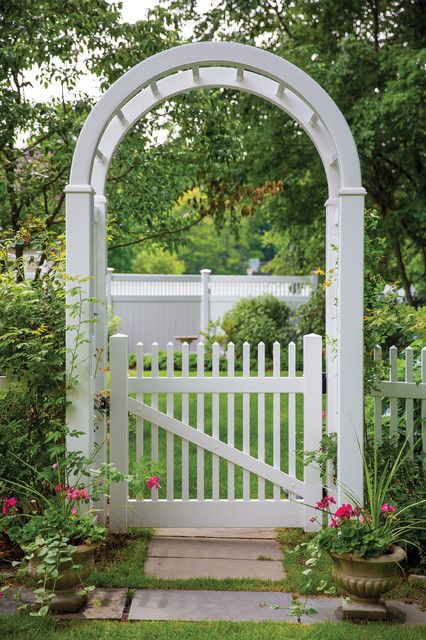 ActiveYards Vinyl Fence Arbor and Gate - Traditional - Landscape - Raleigh - by Harrison Fence | Houzz Vinyl Fence Landscaping, Fence Arbor, Ny House, Gates And Fences, White Vinyl Fence, Country Fences, Stone Landscaping, Landscaping Retaining Walls, Outdoor Paradise