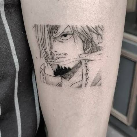 One Piece Tattoos Sanji, One Piece Panel Tattoo, One Piece Sanji Tattoo, Sanji Tattoo Ideas, Sanji Tattoo Design, Sanji Tattoo, Manga Panel Tattoos, Underarm Tattoo, One Piece Tattoo