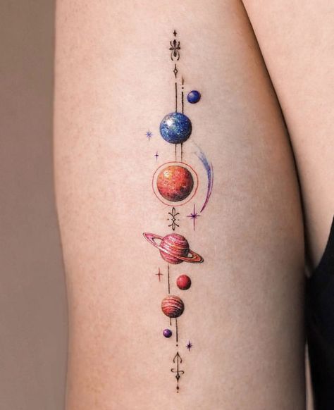 Planets Tattoo Color, Space Tattoo Color, Planets Tattoo, Space Themed Tattoos, Planet Tattoo, Watercolor Tattoo Sleeve, Professional Tattoo Kits, Drum Tattoo, Geometric Line Tattoo