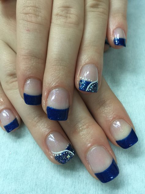 Royal blue French gel polish nails on an iridescent background with 2 tone glitter accent nail and fun design. French Gel Polish, Nails Royal Blue, Royal Blue Nails Designs, Iridescent Background, Two Tone Nails, Blue French Tip, Gel Polish Nails, Blue And Silver Nails, Gel Nails Long