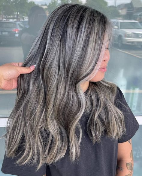 Gray Hair with Silver Highlights and Lowlights Ash Brown And Silver Hair, Grey Foils Hair Dark Brown, Dimensional Grey Blending, Foiled Hair, Silver Gray Hair, Silver Highlights On Brown Hair, Dark Hair With Silver Highlights, Grey Blending Highlights, Gray Highlights On Dark Hair