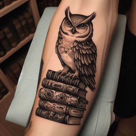 Book Owl Tattoo, Abstract Owl Tattoo, Celtic Owl Tattoo, Snowy Owl Tattoo, Owl Tattoo Ideas, Barn Owl Tattoo, Witchy Tattoos, Shoulder Blade Tattoo, Aged Paper