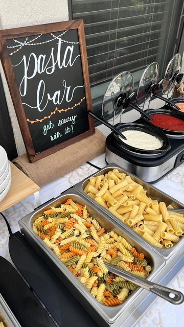 Pasta Bars For Parties, Pasta Bar For Party, Food Party Ideas Buffet, Wedding Simple Food Ideas, Buffet Style Party Food Bar Ideas, Create Your Own Pasta Bar, Pasta Bar For Graduation Party, Graduation Party Pasta Bar, Pasta Bar For Wedding Reception