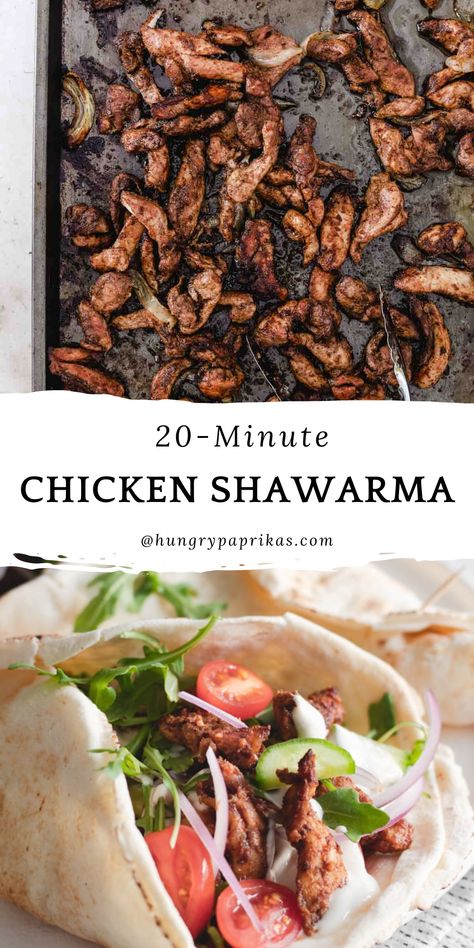 Top photo: chicken shawarma cooked in a sheet pan with tongs Bottom photo: chicken shawarma in a wrap Chicken Shawarma Recipes, Schwarma Recipes, Schwarma Recipe, Hungry Paprikas, Greek Goodness, Shawarma Chicken, Chicken Shawarma Wrap, Russian Cake, Shawarma Seasoning