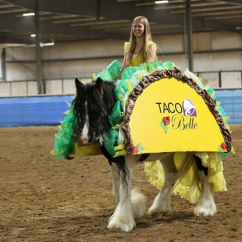 DIY Taco Belle horse costume contest for Halloween with my Gypsy Horse #KovuTheGypsy #GypsyHorse Halloween Horse And Rider Costume, Horse Custom Halloween, Halloween Costume For Horse, Halloween Horse Stall Decorations, Horse Costumes Ideas, Horse Show Costume Class Ideas, Horse Dress Up Ideas, Halloween Costumes For You And Your Horse, Horse Costume Class Ideas