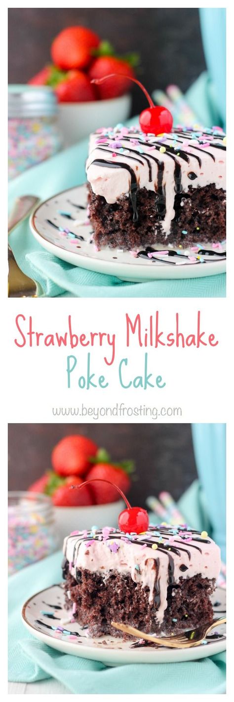 This Strawberry Milkshake Poke Cake is a chocolate cake soaked in sweetened condensed milk and topped with a strawberry milk whipped cream. It’s the perfect amount of sweet to satisfy your cravings.. Cake Poke, Cake Mix Ingredients, Poke Cake Recipes, Decadent Chocolate Cake, Sugar Shack, Poke Cakes, Strawberry Milkshake, Poke Cake, Chocolate Cake Mixes